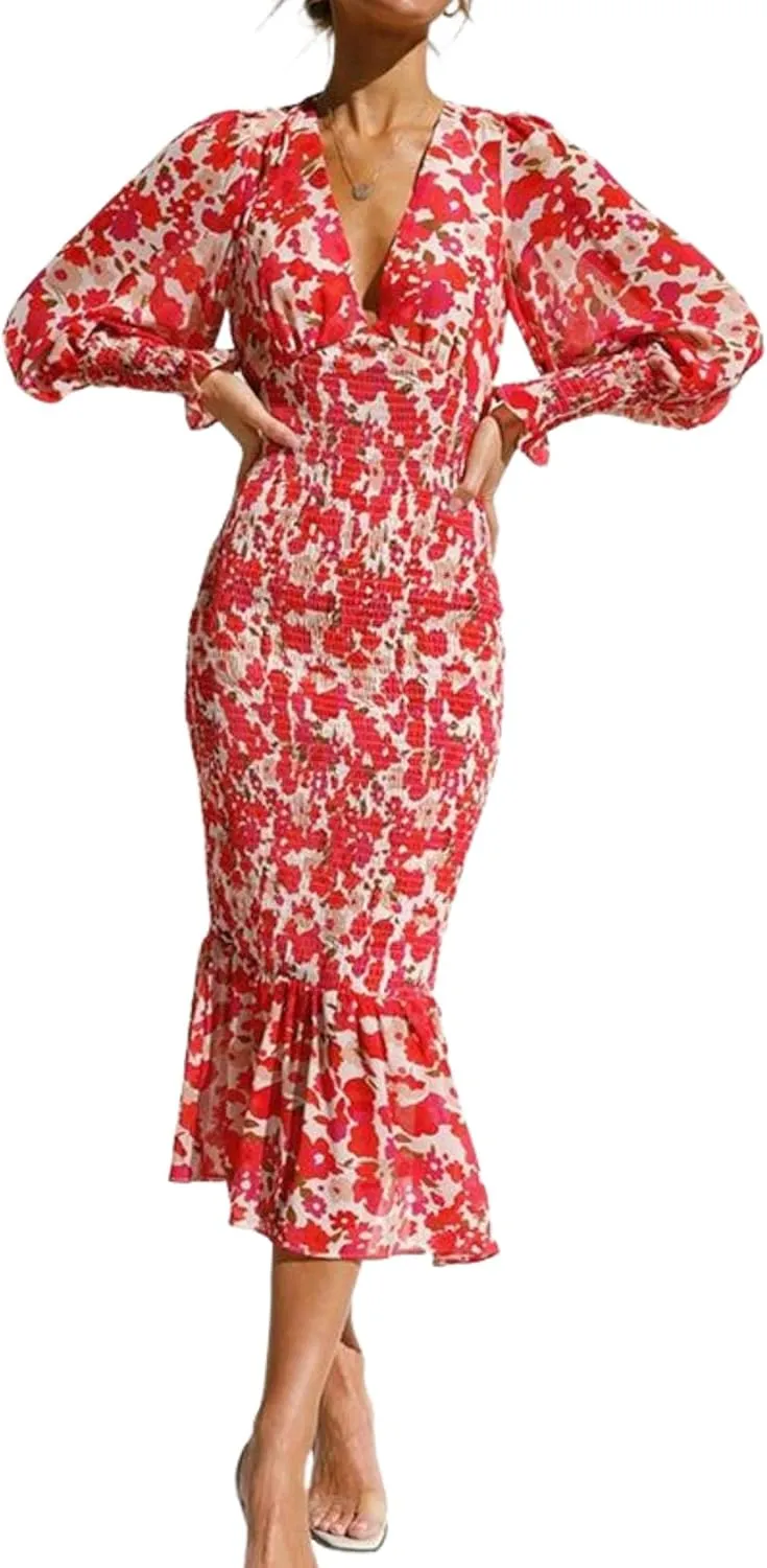 Womens Midi Dress V-Neck Long Sleeve Floral Print Smocked Waist Ruffled Elegant Spring Summer Casual Party Dress