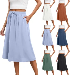 Womens Midi Length Skirt Elastic High Waist 2025 Summer Trendy Vacation Causal A-Line Flowy Pleated Skirts with Pockets