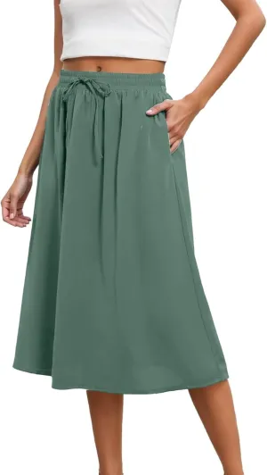 Womens Midi Length Skirt Elastic High Waist 2025 Summer Trendy Vacation Causal A-Line Flowy Pleated Skirts with Pockets