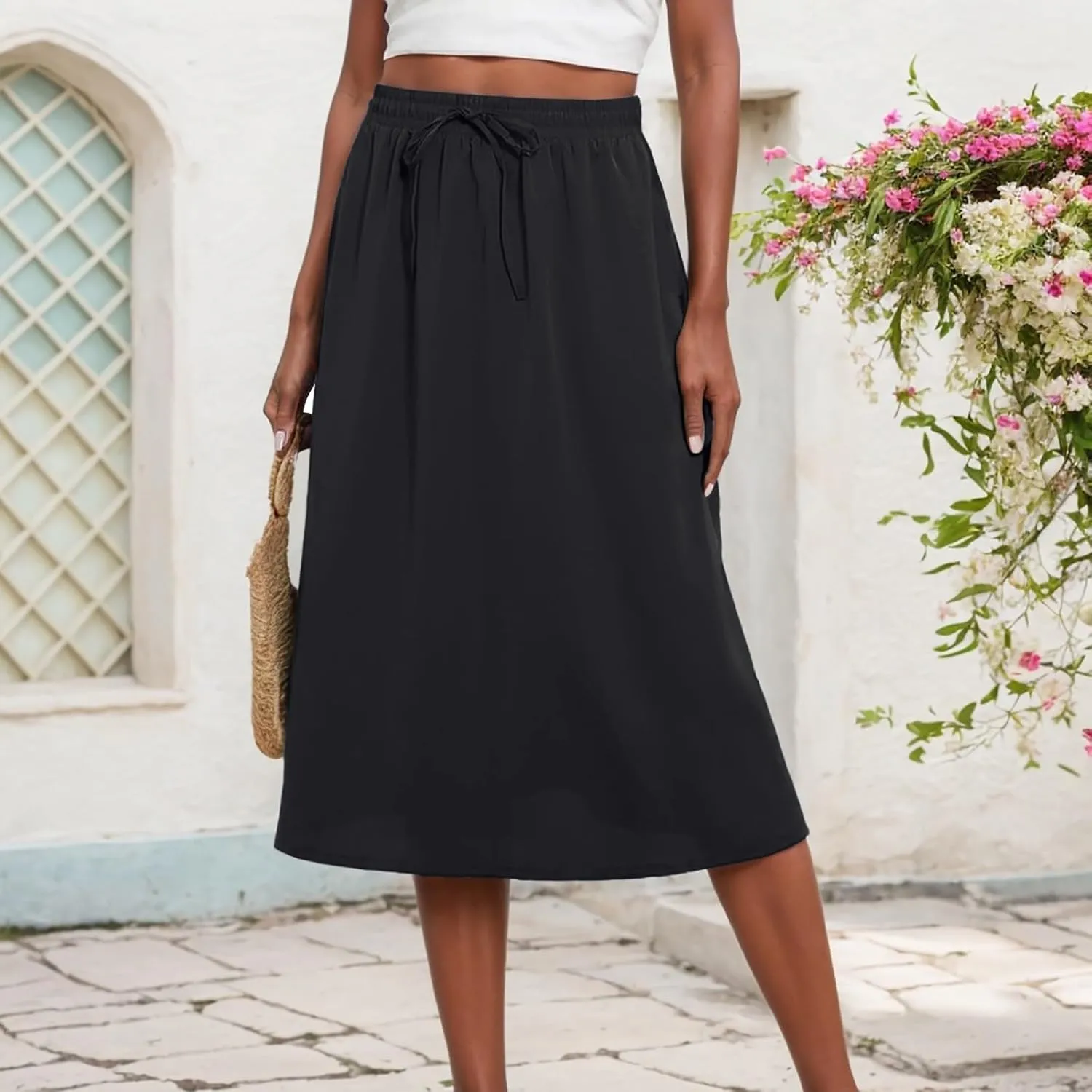 Womens Midi Length Skirt Elastic High Waist 2025 Summer Trendy Vacation Causal A-Line Flowy Pleated Skirts with Pockets