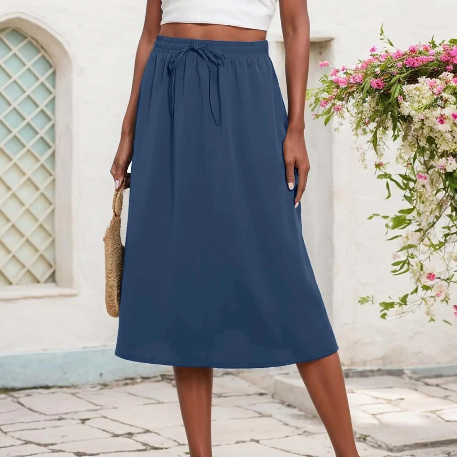 Womens Midi Length Skirt Elastic High Waist 2025 Summer Trendy Vacation Causal A-Line Flowy Pleated Skirts with Pockets
