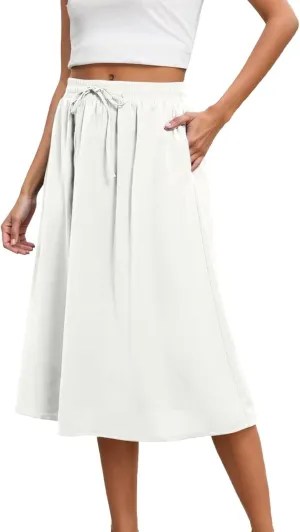 Womens Midi Length Skirt Elastic High Waist 2025 Summer Trendy Vacation Causal A-Line Flowy Pleated Skirts with Pockets