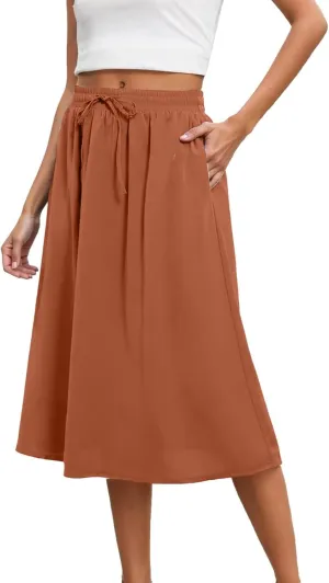 Womens Midi Length Skirt Elastic High Waist 2025 Summer Trendy Vacation Causal A-Line Flowy Pleated Skirts with Pockets