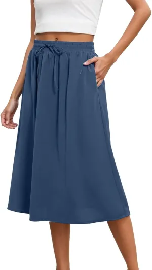 Womens Midi Length Skirt Elastic High Waist 2025 Summer Trendy Vacation Causal A-Line Flowy Pleated Skirts with Pockets