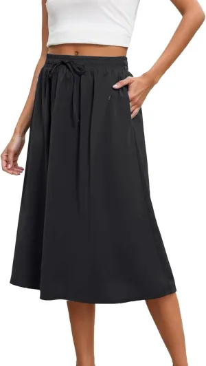 Womens Midi Length Skirt Elastic High Waist 2025 Summer Trendy Vacation Causal A-Line Flowy Pleated Skirts with Pockets