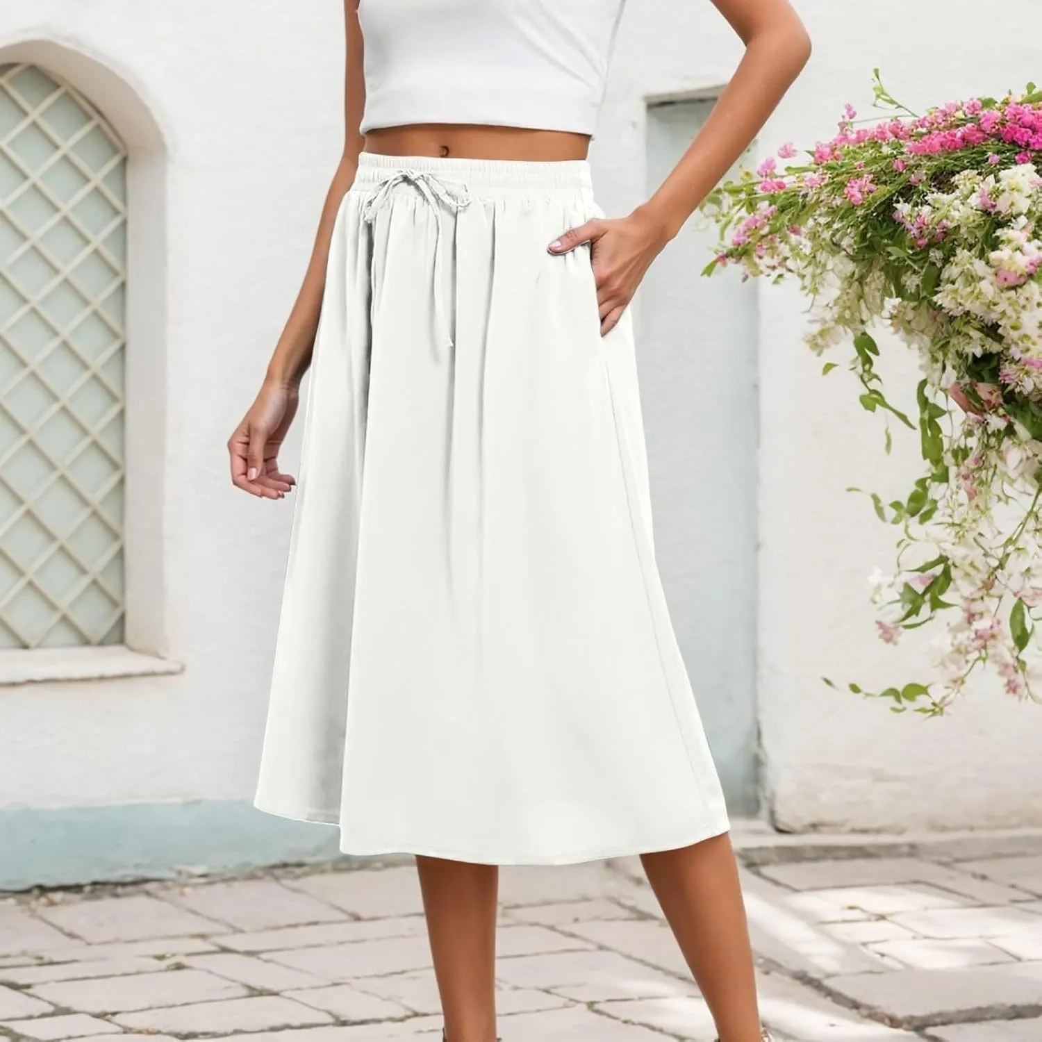 Womens Midi Length Skirt Elastic High Waist 2025 Summer Trendy Vacation Causal A-Line Flowy Pleated Skirts with Pockets