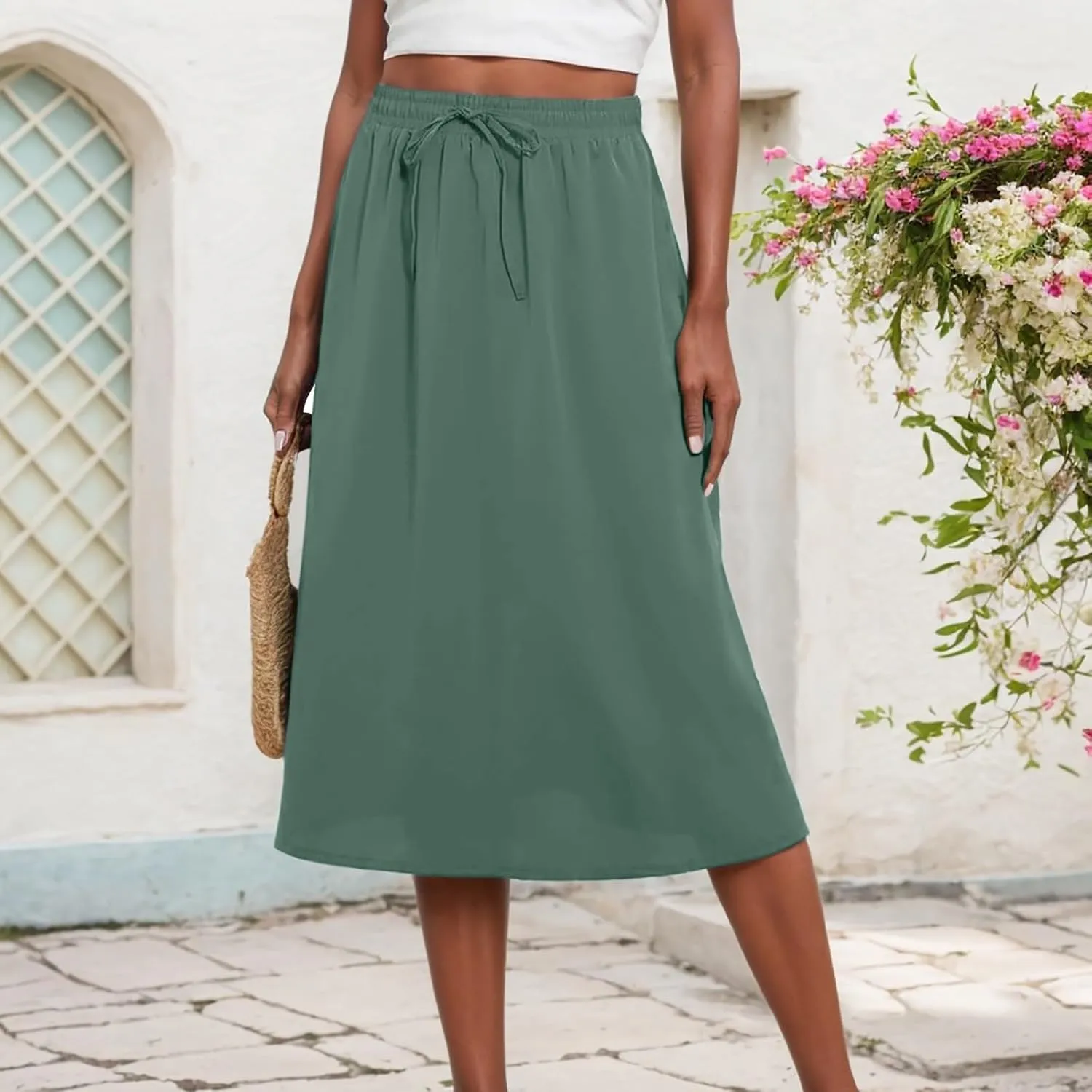 Womens Midi Length Skirt Elastic High Waist 2025 Summer Trendy Vacation Causal A-Line Flowy Pleated Skirts with Pockets