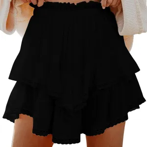 Womens Mini Skirt Asymmetrical Hem Ruffle Skirts Flowy Layered Skirt A-Line Lace Skirts Elastic Waist Pleated Skirt