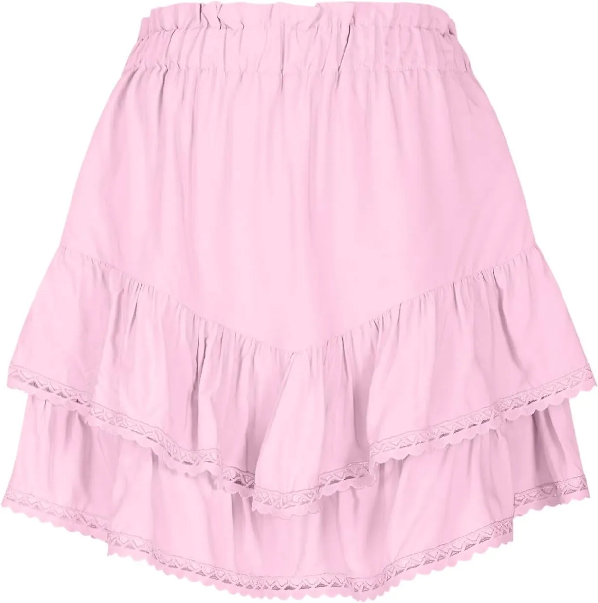 Womens Mini Skirt Asymmetrical Hem Ruffle Skirts Flowy Layered Skirt A-Line Lace Skirts Elastic Waist Pleated Skirt