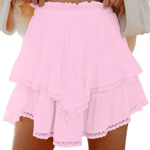 Womens Mini Skirt Asymmetrical Hem Ruffle Skirts Flowy Layered Skirt A-Line Lace Skirts Elastic Waist Pleated Skirt