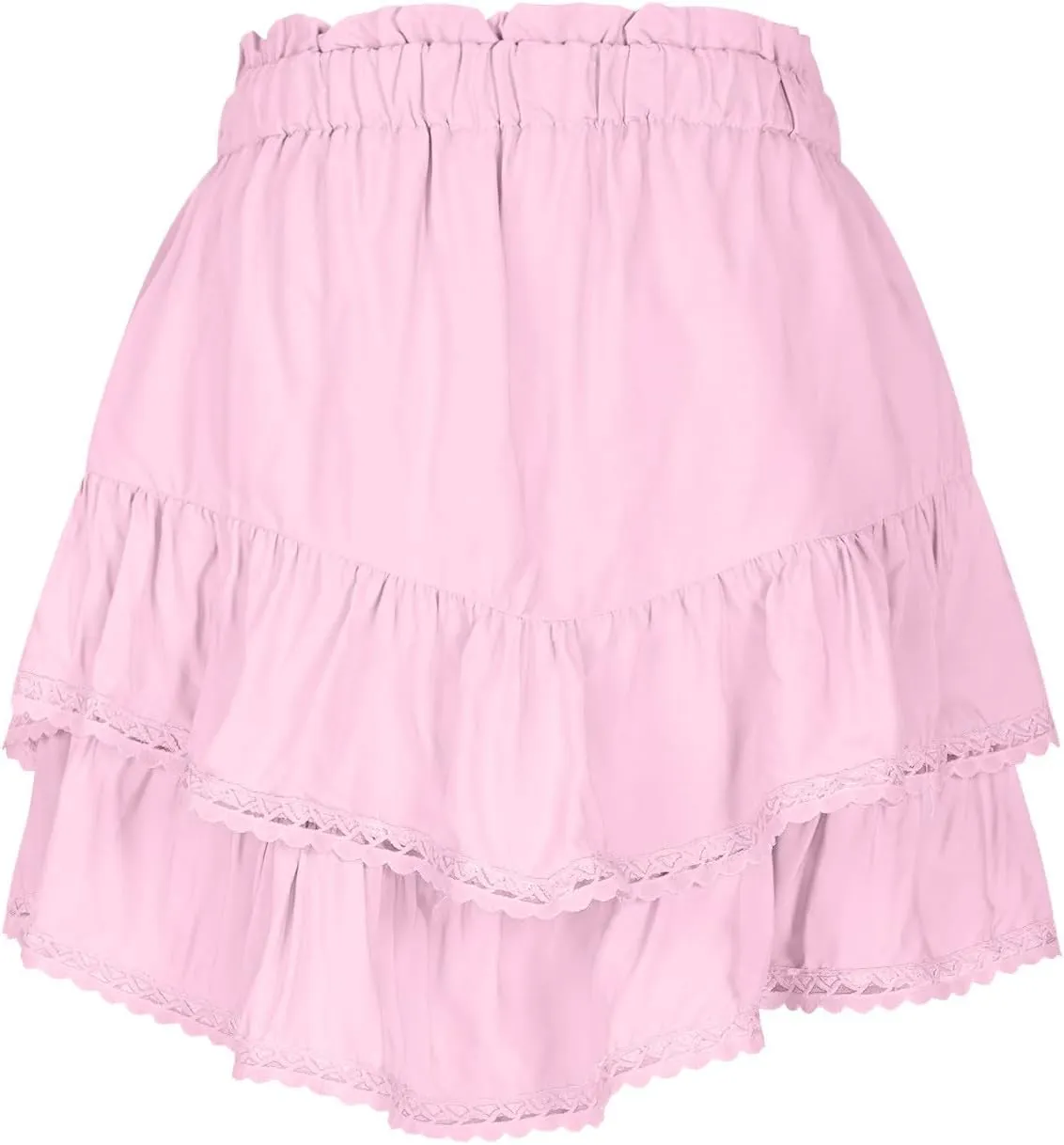 Womens Mini Skirt Asymmetrical Hem Ruffle Skirts Flowy Layered Skirt A-Line Lace Skirts Elastic Waist Pleated Skirt