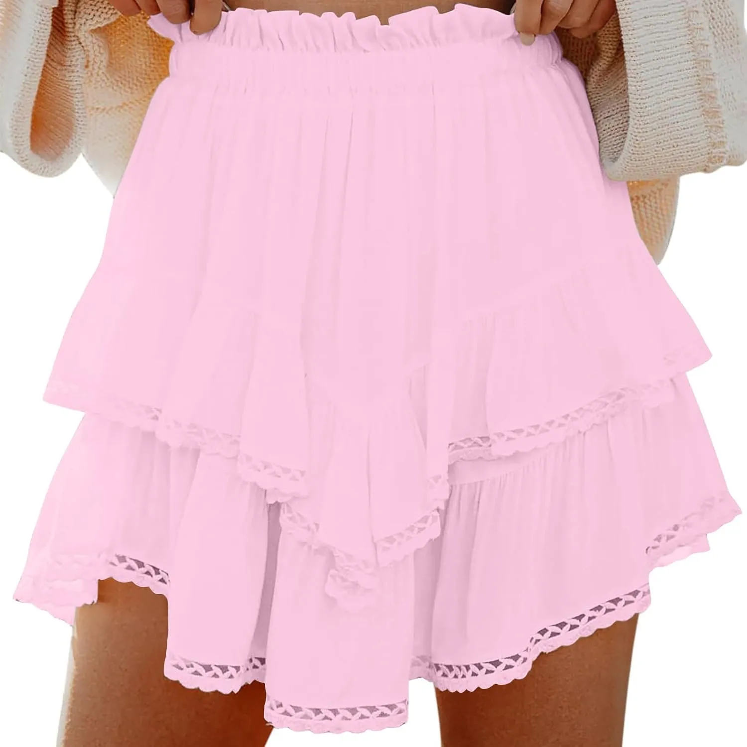 Womens Mini Skirt Asymmetrical Hem Ruffle Skirts Flowy Layered Skirt A-Line Lace Skirts Elastic Waist Pleated Skirt