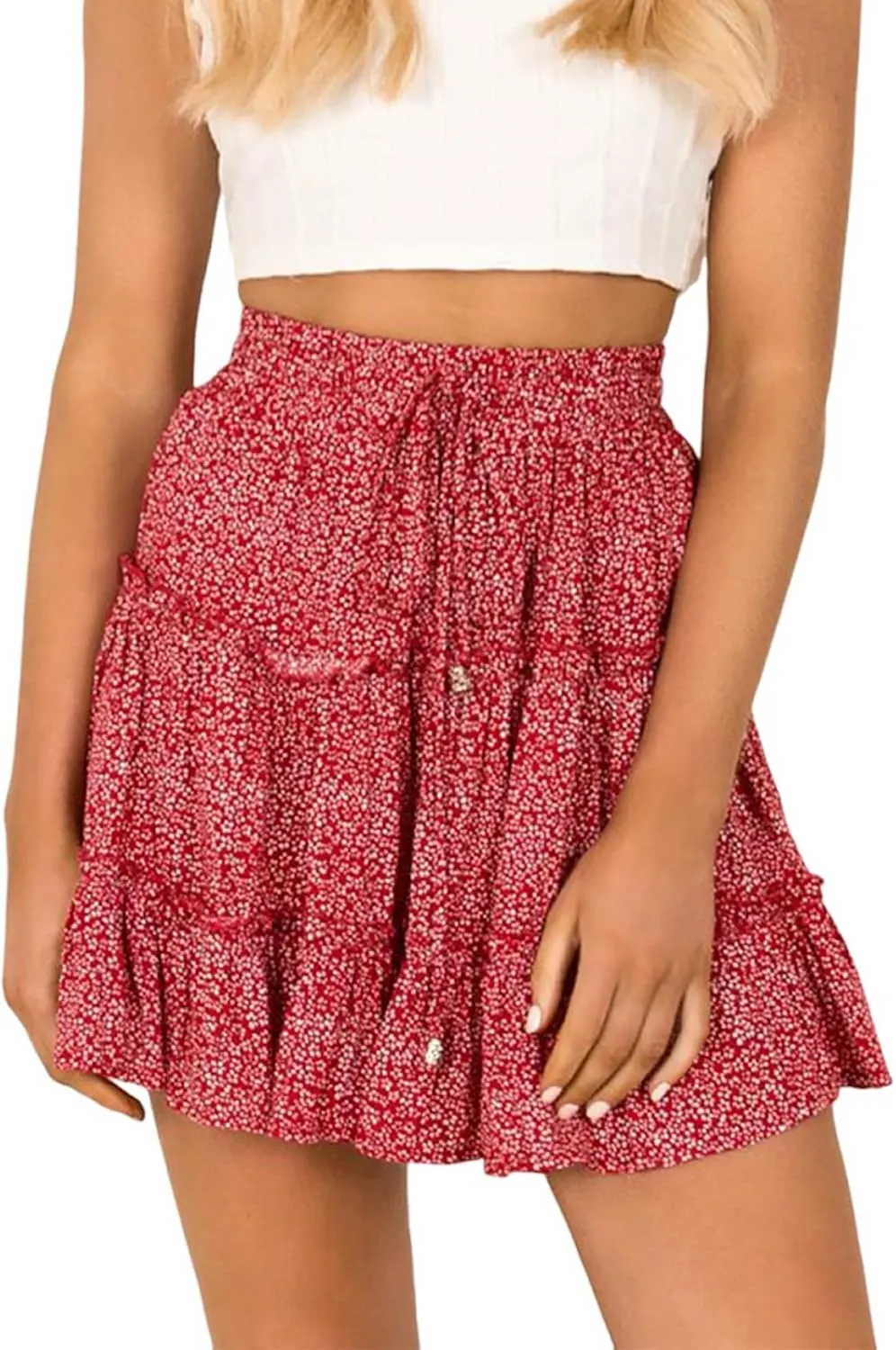 Women's Mini Skirt Summer Casual Stretch Waist Print Pleated Flared A Line Skater Shirt, S-2XL