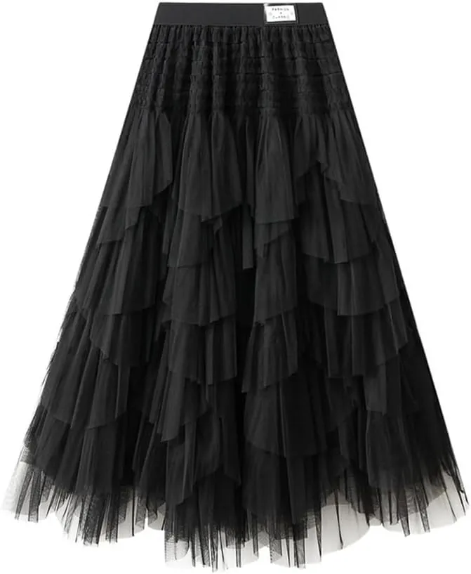 Womens Multilayer Ruffles Tulle Skirt Pleated High Waist Fluffy Maxi Skirt Fairy Cake Dress Long Tutu Party Skirt