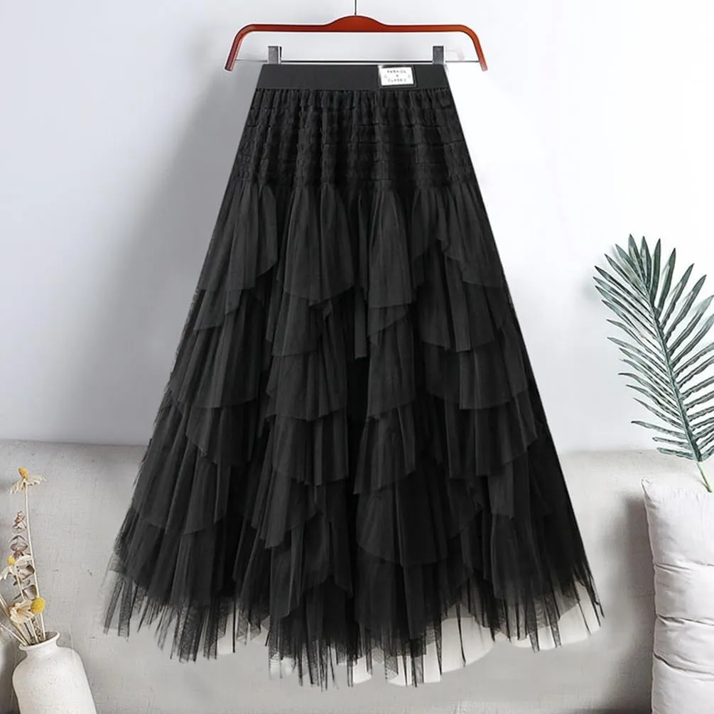 Womens Multilayer Ruffles Tulle Skirt Pleated High Waist Fluffy Maxi Skirt Fairy Cake Dress Long Tutu Party Skirt