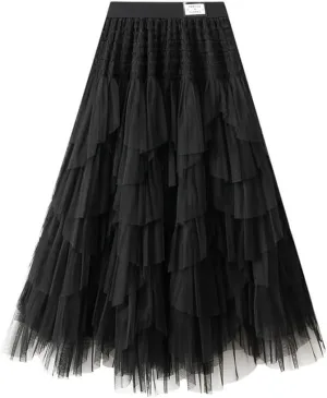 Womens Multilayer Ruffles Tulle Skirt Pleated High Waist Fluffy Maxi Skirt Fairy Cake Dress Long Tutu Party Skirt