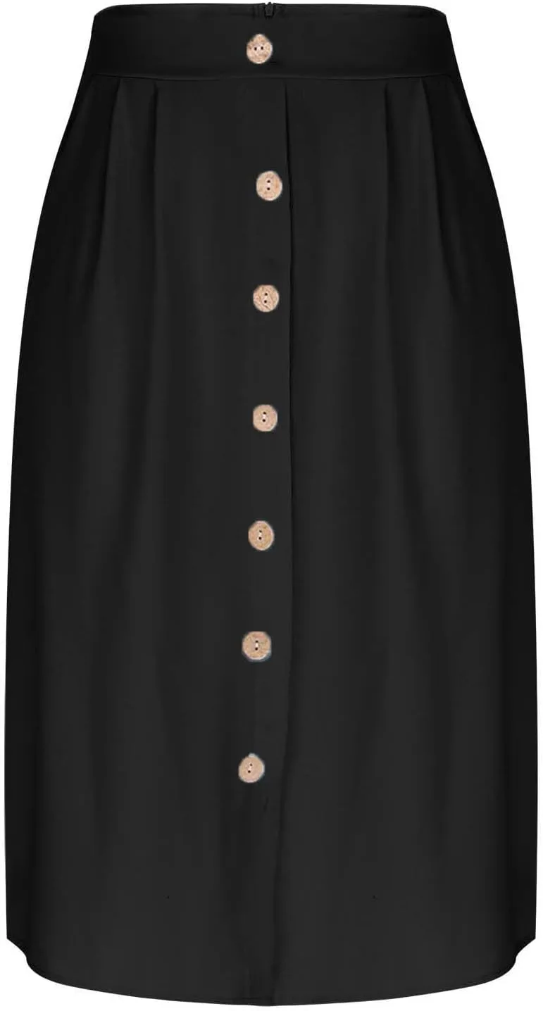 Women's Pleated A-line Midi Skirt Elastic Waist Fake Button Front Casual Flared Long Skirts Summer Office Work Skirt