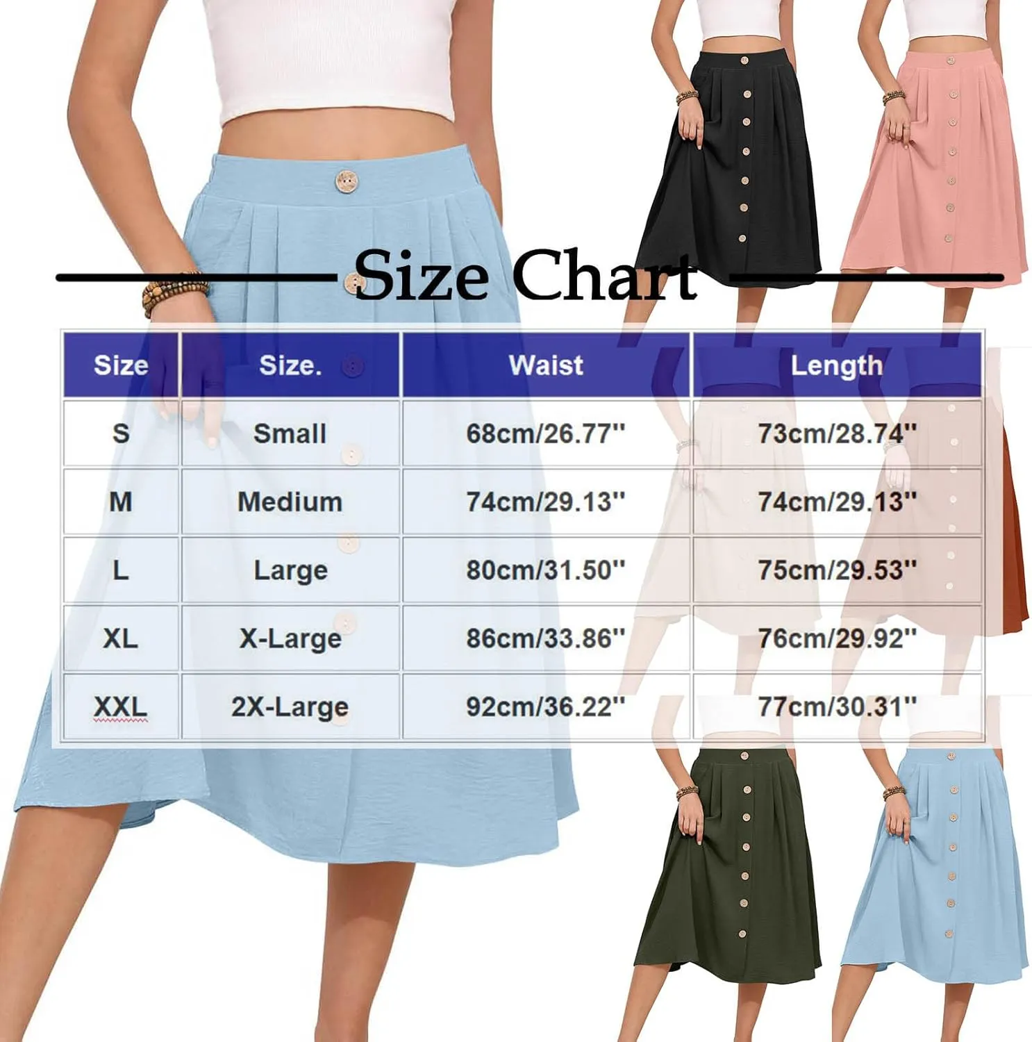 Women's Pleated A-line Midi Skirt Elastic Waist Fake Button Front Casual Flared Long Skirts Summer Office Work Skirt