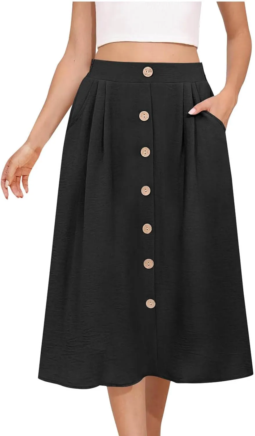 Women's Pleated A-line Midi Skirt Elastic Waist Fake Button Front Casual Flared Long Skirts Summer Office Work Skirt