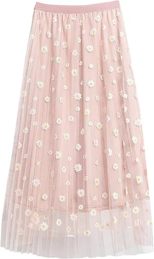 Women's Pleated Skirt Midi Swing Skirt Double-Layered Mesh Midi Skirt Elastic High Waist Swing A-Line Tulle Skirt