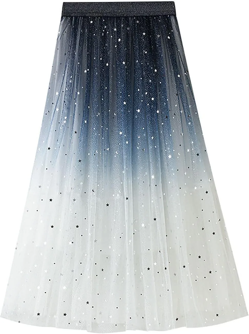 Women's Pleated Skirt Midi Swing Skirt Double-Layered Mesh Midi Skirt Elastic High Waist Swing A-Line Tulle Skirt