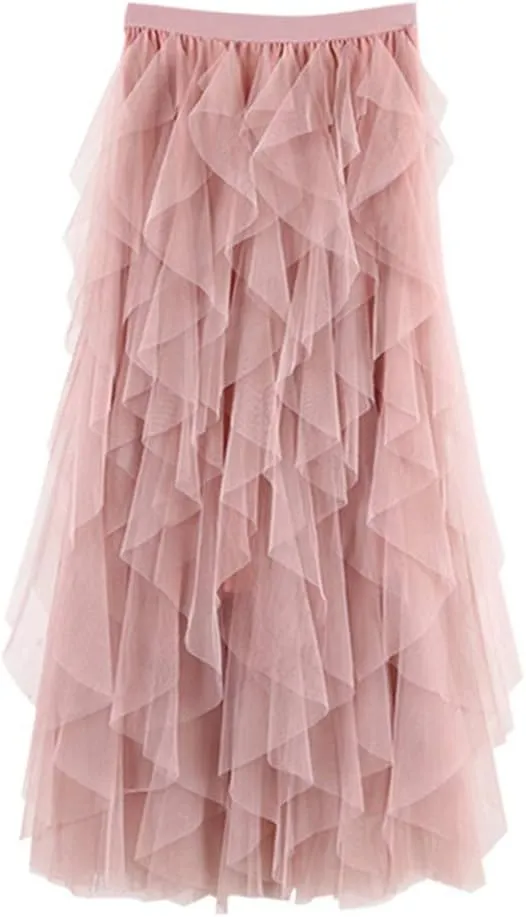 Women's Pleated Skirt Midi Swing Skirt Double-Layered Mesh Midi Skirt Elastic High Waist Swing A-Line Tulle Skirt