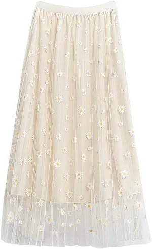 Women's Pleated Skirt Midi Swing Skirt Double-Layered Mesh Midi Skirt Elastic High Waist Swing A-Line Tulle Skirt