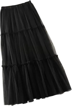 Women's Pleated Skirt Midi Swing Skirt Double-Layered Mesh Midi Skirt Elastic High Waist Swing A-Line Tulle Skirt
