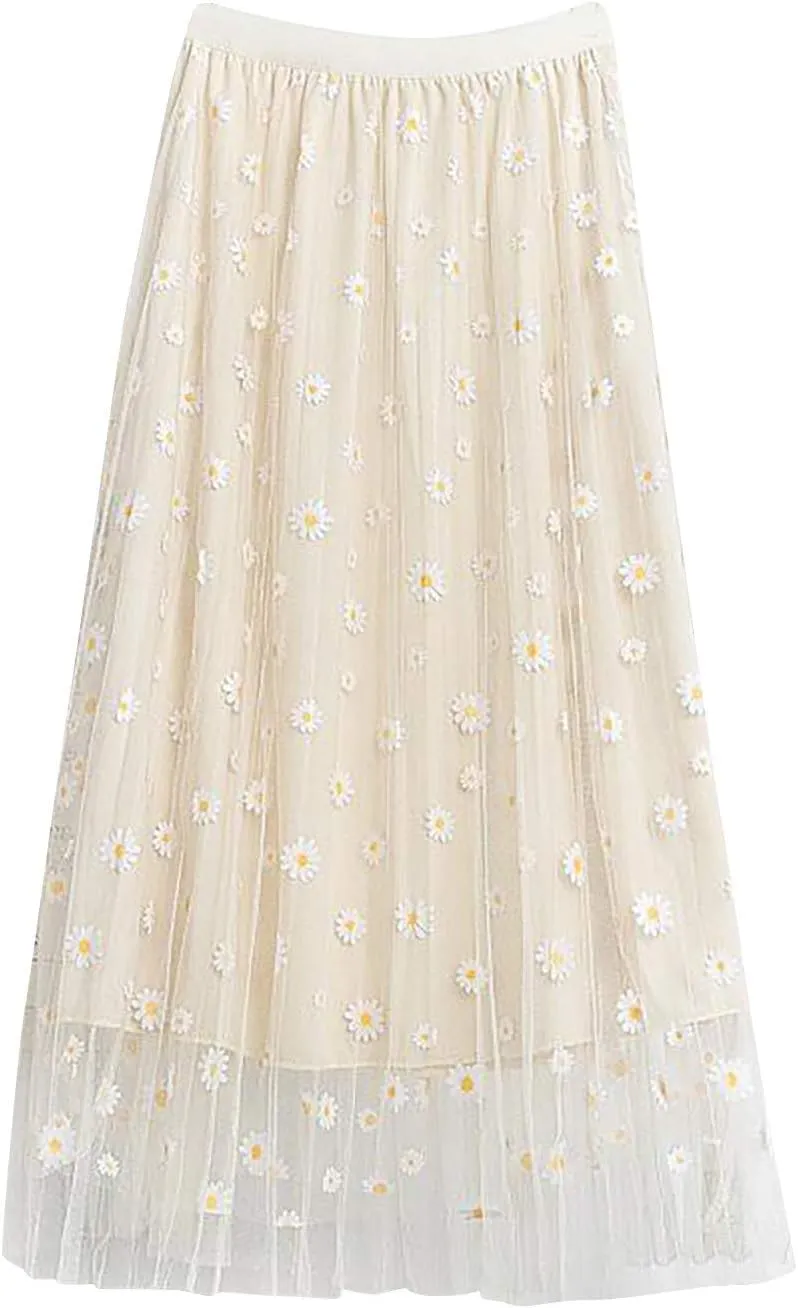 Women's Pleated Skirt Midi Swing Skirt Double-Layered Mesh Midi Skirt Elastic High Waist Swing A-Line Tulle Skirt