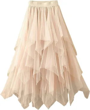 Women's Pleated Skirt Midi Swing Skirt Double-Layered Mesh Midi Skirt Elastic High Waist Swing A-Line Tulle Skirt