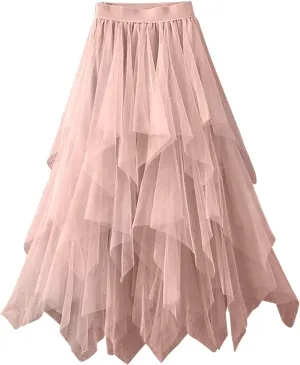 Women's Pleated Skirt Midi Swing Skirt Double-Layered Mesh Midi Skirt Elastic High Waist Swing A-Line Tulle Skirt