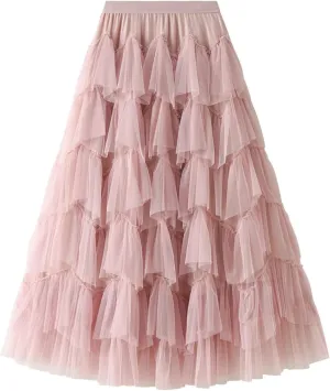Women's Pleated Skirt Midi Swing Skirt Double-Layered Mesh Midi Skirt Elastic High Waist Swing A-Line Tulle Skirt