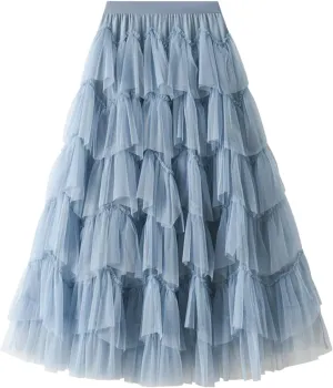 Women's Pleated Skirt Midi Swing Skirt Double-Layered Mesh Midi Skirt Elastic High Waist Swing A-Line Tulle Skirt