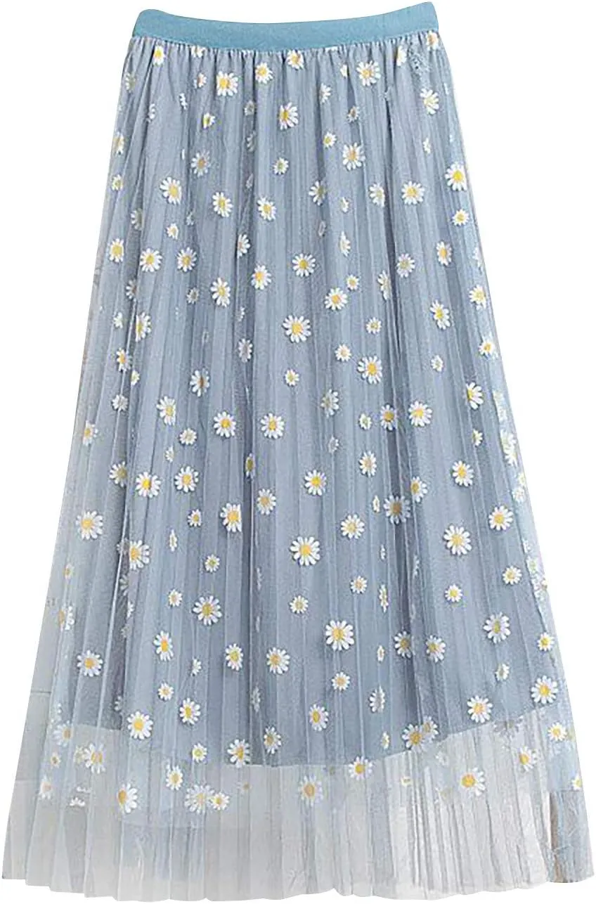 Women's Pleated Skirt Midi Swing Skirt Double-Layered Mesh Midi Skirt Elastic High Waist Swing A-Line Tulle Skirt
