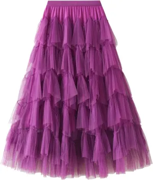 Women's Pleated Skirt Midi Swing Skirt Double-Layered Mesh Midi Skirt Elastic High Waist Swing A-Line Tulle Skirt