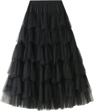 Women's Pleated Skirt Midi Swing Skirt Double-Layered Mesh Midi Skirt Elastic High Waist Swing A-Line Tulle Skirt
