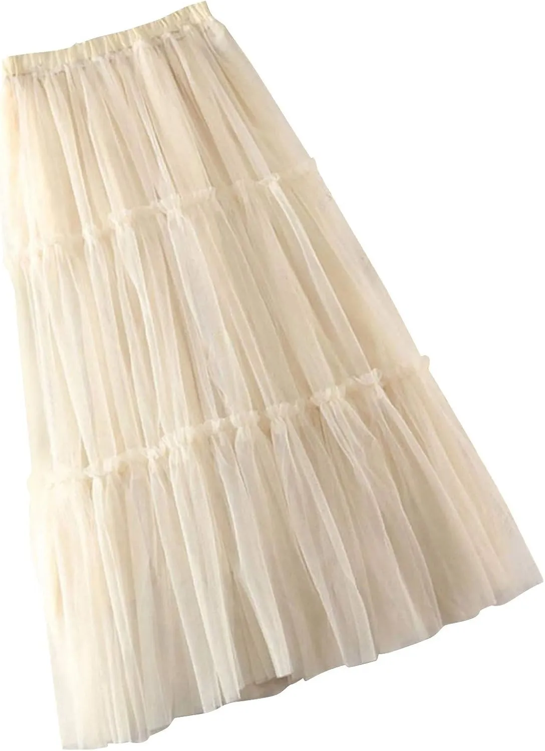 Women's Pleated Skirt Midi Swing Skirt Double-Layered Mesh Midi Skirt Elastic High Waist Swing A-Line Tulle Skirt