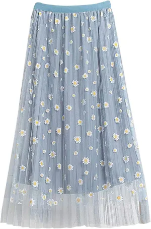 Women's Pleated Skirt Midi Swing Skirt Double-Layered Mesh Midi Skirt Elastic High Waist Swing A-Line Tulle Skirt