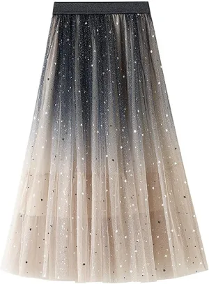 Women's Pleated Skirt Midi Swing Skirt Double-Layered Mesh Midi Skirt Elastic High Waist Swing A-Line Tulle Skirt