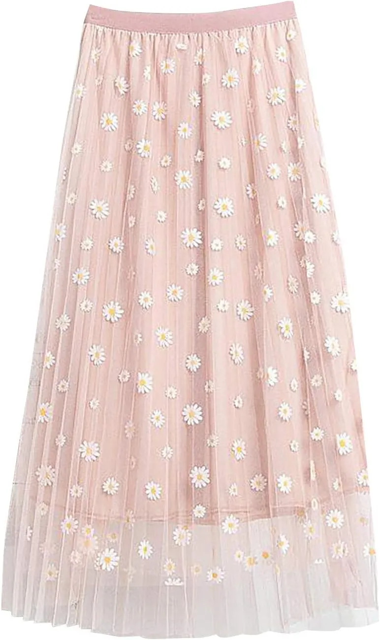 Women's Pleated Skirt Midi Swing Skirt Double-Layered Mesh Midi Skirt Elastic High Waist Swing A-Line Tulle Skirt