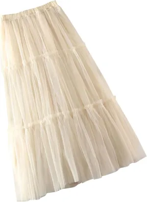 Women's Pleated Skirt Midi Swing Skirt Double-Layered Mesh Midi Skirt Elastic High Waist Swing A-Line Tulle Skirt