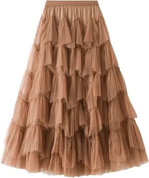 Women's Pleated Skirt Midi Swing Skirt Double-Layered Mesh Midi Skirt Elastic High Waist Swing A-Line Tulle Skirt