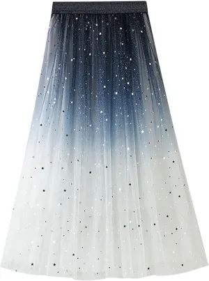 Women's Pleated Skirt Midi Swing Skirt Double-Layered Mesh Midi Skirt Elastic High Waist Swing A-Line Tulle Skirt