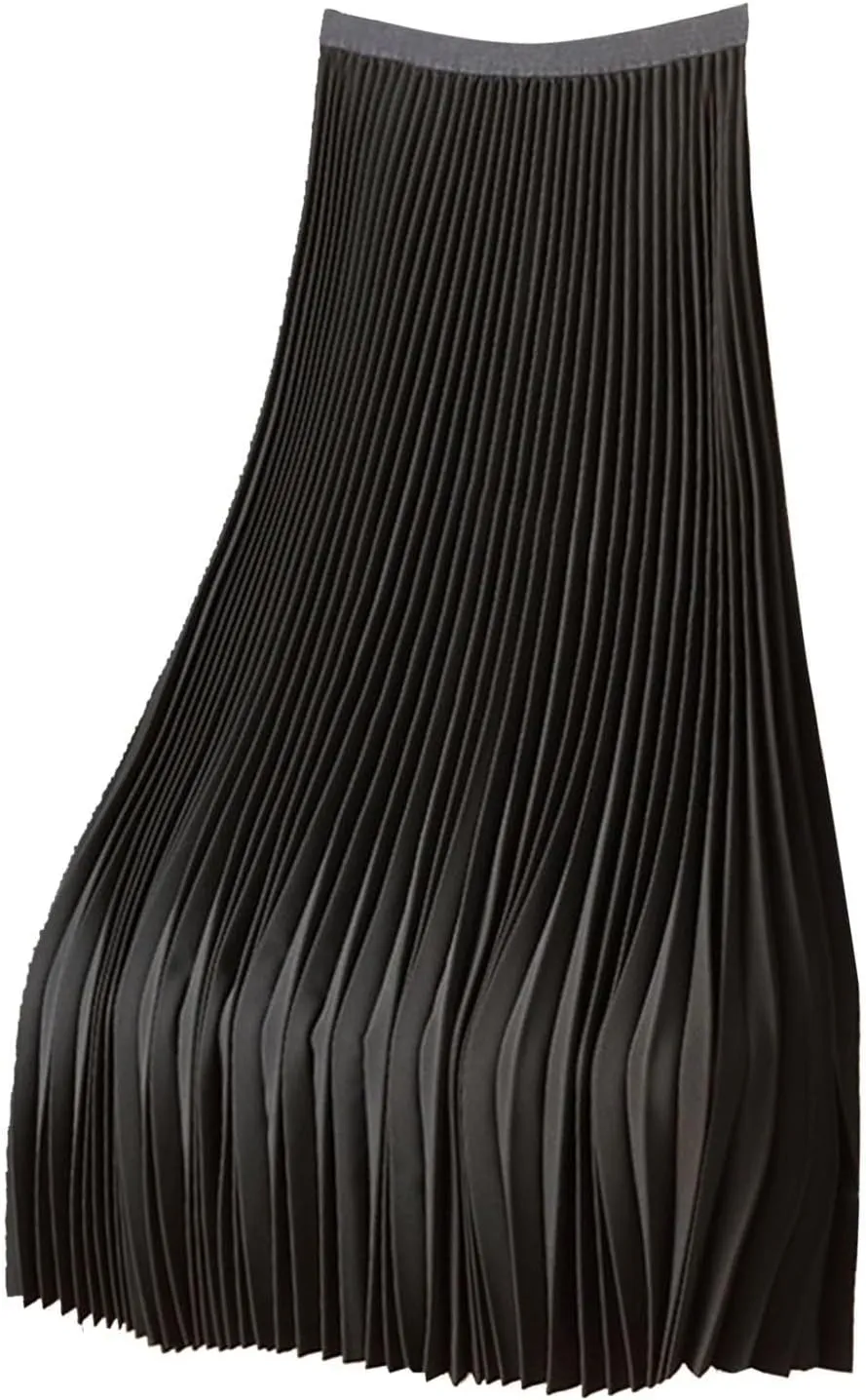 Women's Pleated Skirt Satin Metallic Shiny Flare Flowy Swing A-Line Skirt Summer Casual Solid High Waist Plus Size Midi Skirt