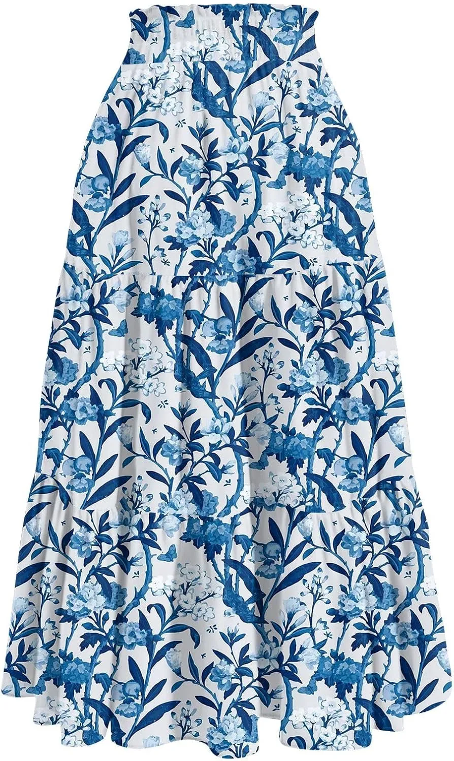 Women's Pleated Skirt Summer Casual Loose Trendy Elastic Waist Floral Print Bohemian Sun A-Line Maxi Skirts 2025, S-2XL