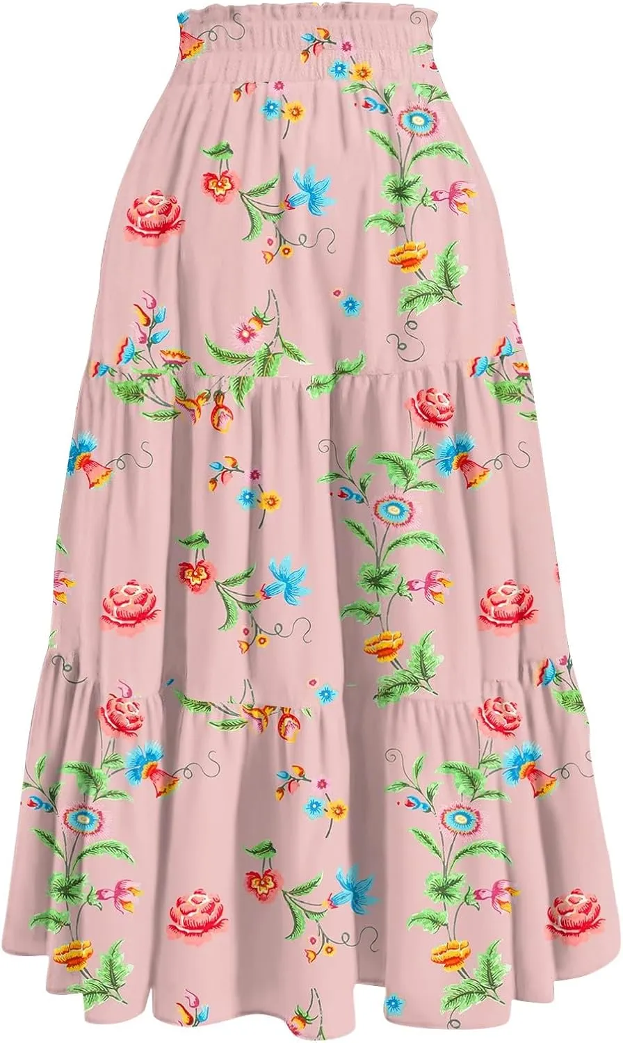 Women's Pleated Skirt Summer Casual Loose Trendy Elastic Waist Floral Print Bohemian Sun A-Line Maxi Skirts 2025, S-2XL