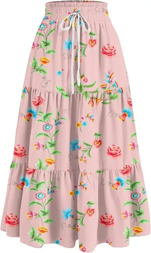 Women's Pleated Skirt Summer Casual Loose Trendy Elastic Waist Floral Print Bohemian Sun A-Line Maxi Skirts 2025, S-2XL