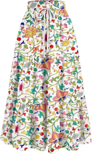 Women's Pleated Skirt Summer Casual Loose Trendy Elastic Waist Floral Print Bohemian Sun A-Line Maxi Skirts 2025, S-2XL