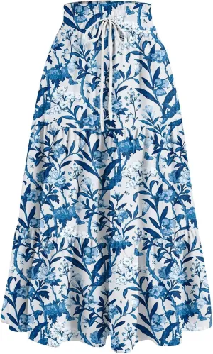 Women's Pleated Skirt Summer Casual Loose Trendy Elastic Waist Floral Print Bohemian Sun A-Line Maxi Skirts 2025, S-2XL