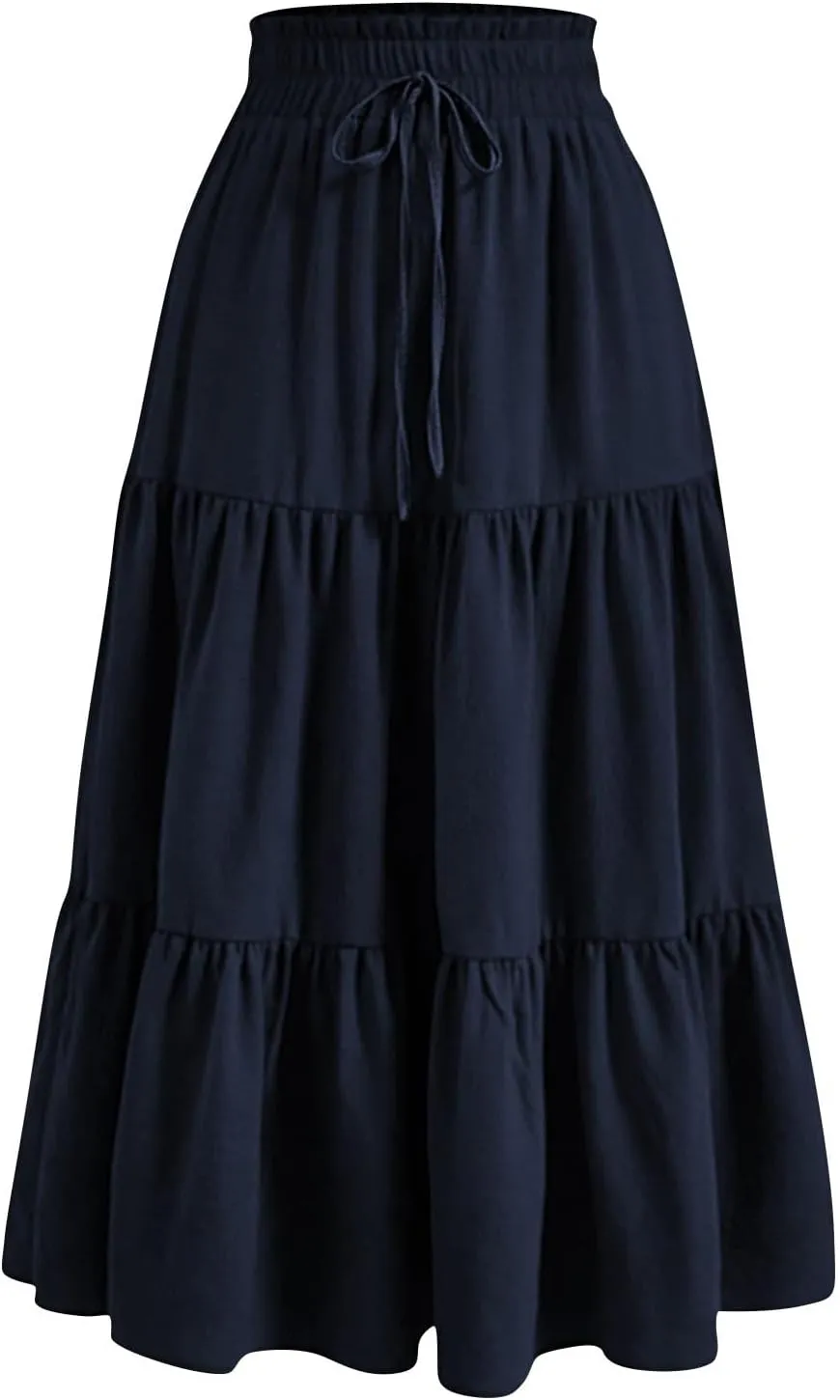 Women's Pleated Skirts Summer Casual Loose Trendy Elastic Waist Floral Print Bohemian Sun A-Line Maxi Skirt, S-XL